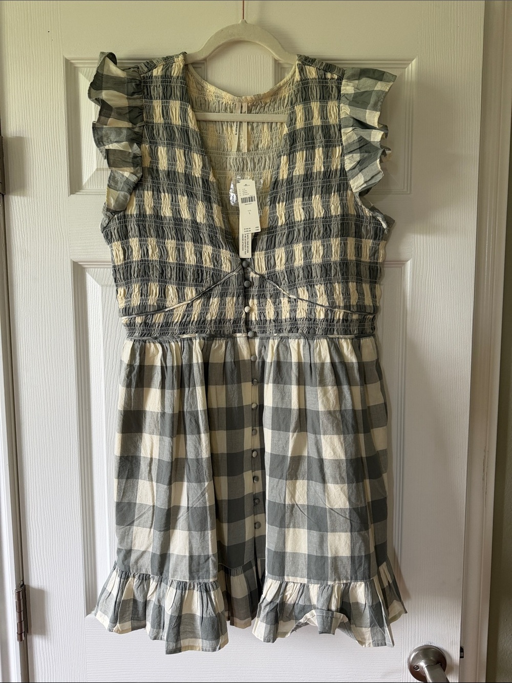 Anthropologie NWT 100% Cotton Checkered Flutter Sleeve Button-Front Sundress - Picture 1 of 3